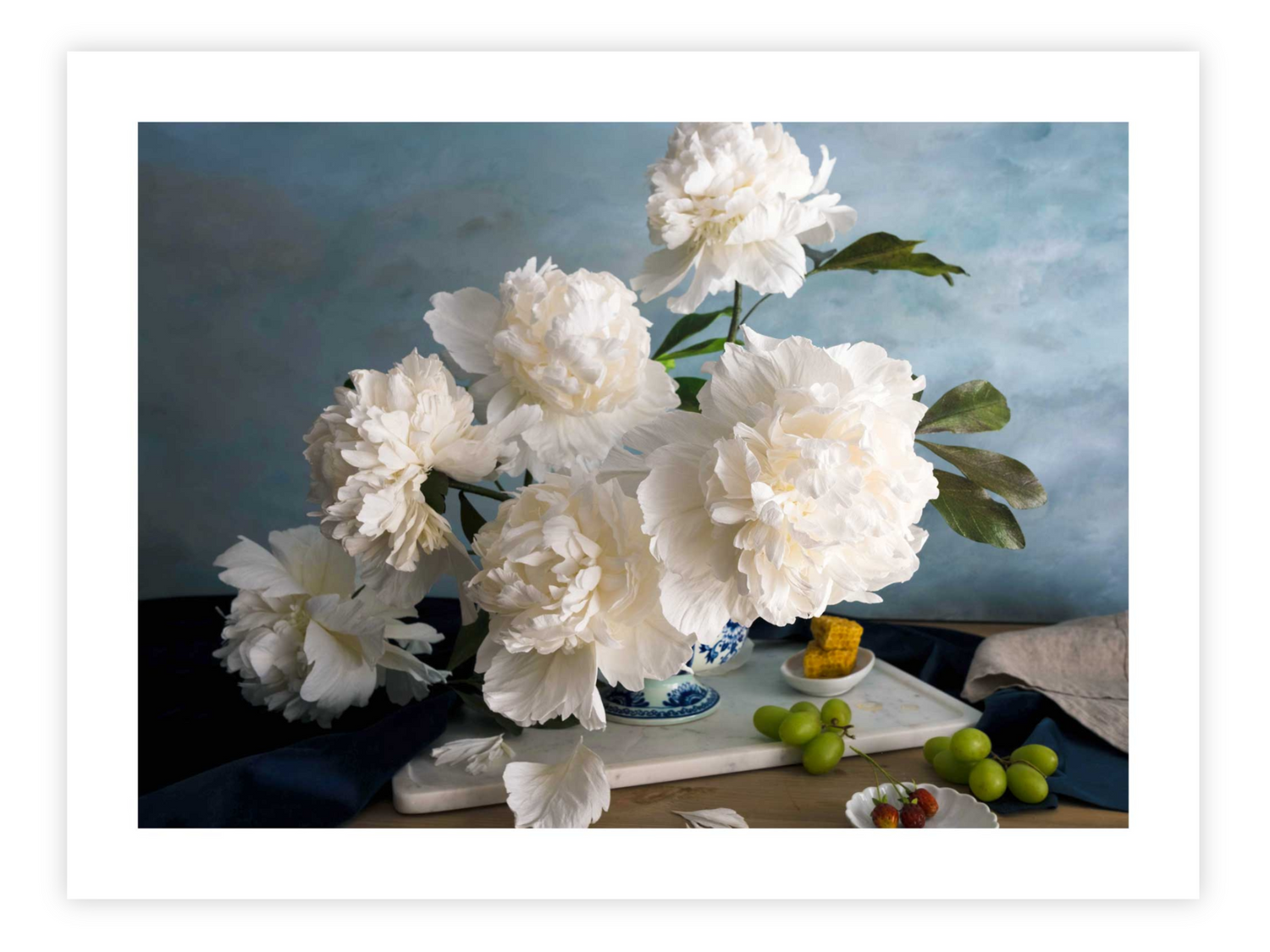 White Peonies with Strawberries and Honey on Marble No2