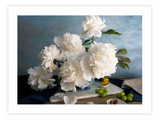 White Peonies with Strawberries and Honey on Marble No2